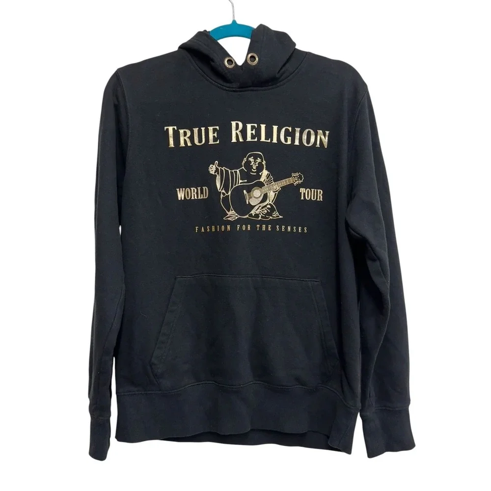 True Religion Metallic Buddha Fleece Hoodie Black Gold Men's M World Tour